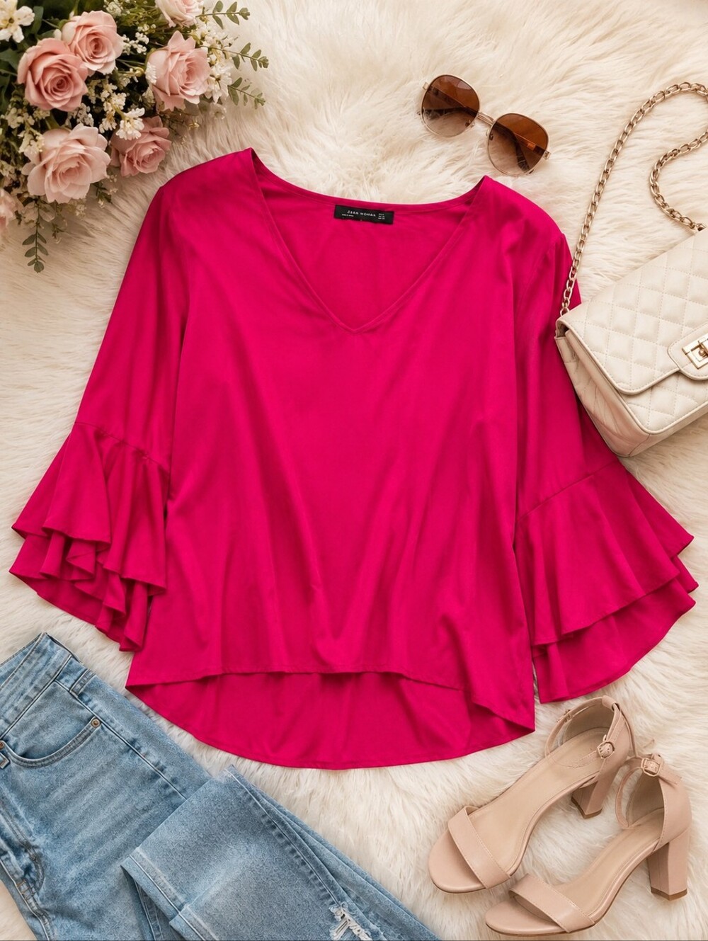 Zara Woman  Pink V-Neck Ruffle Sleeve Blouse Size Small